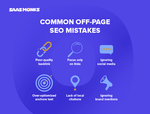 Graphic showing common off-page SEO mistakes like poor backlinks, over-optimized anchor text, ignoring social media and many other mistakes.