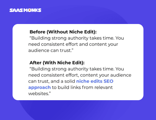 Before and after niche edits SEO example showing improved authority with link building.