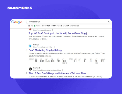 Screenshot of Google search results for best SaaS blogs with domain authority metrics overlay.