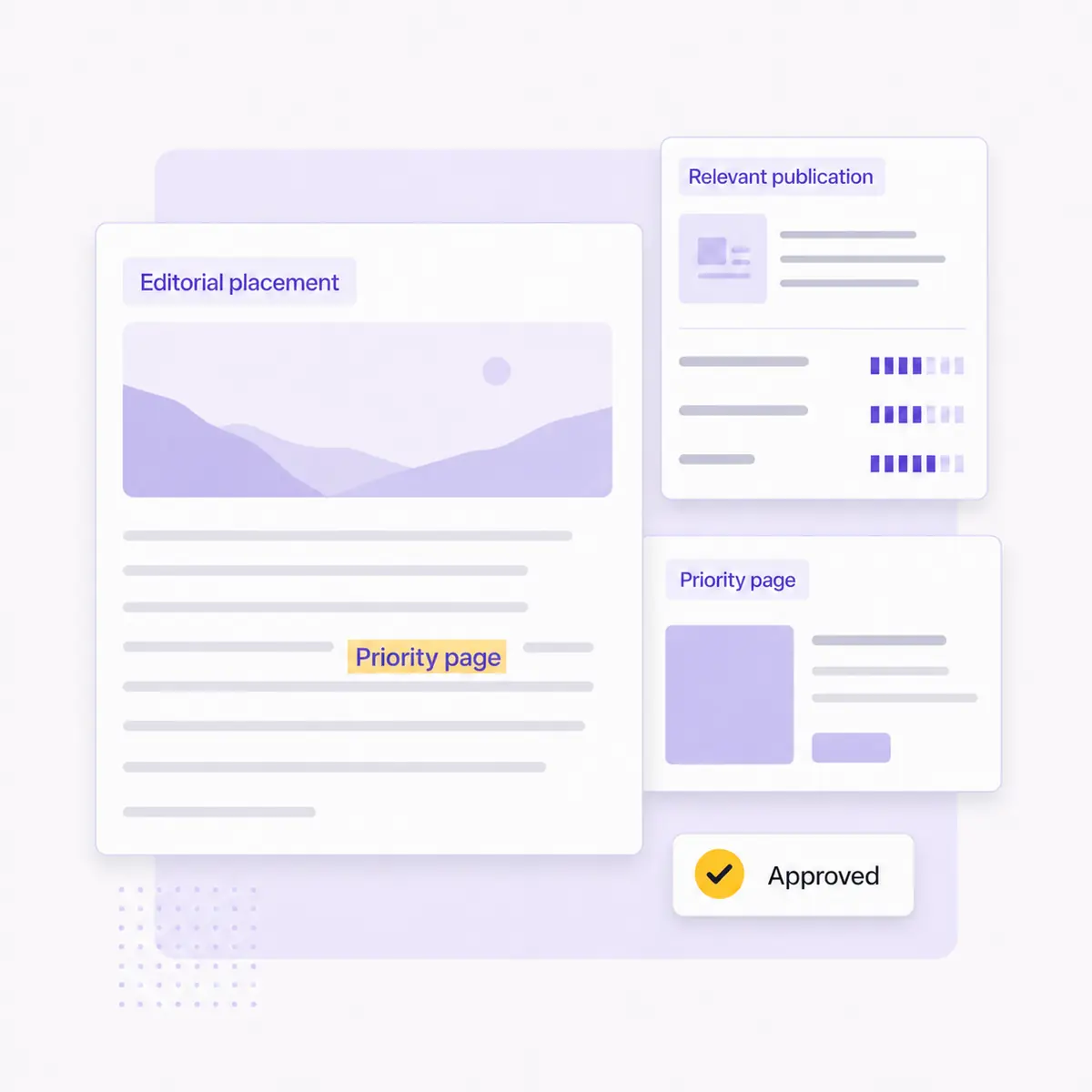Editorial link placement connecting a relevant publication, contextual mention and priority page